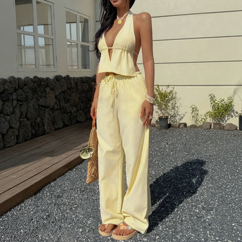 LunaMuse™ Striped Halter Wide Leg Two Piece Set