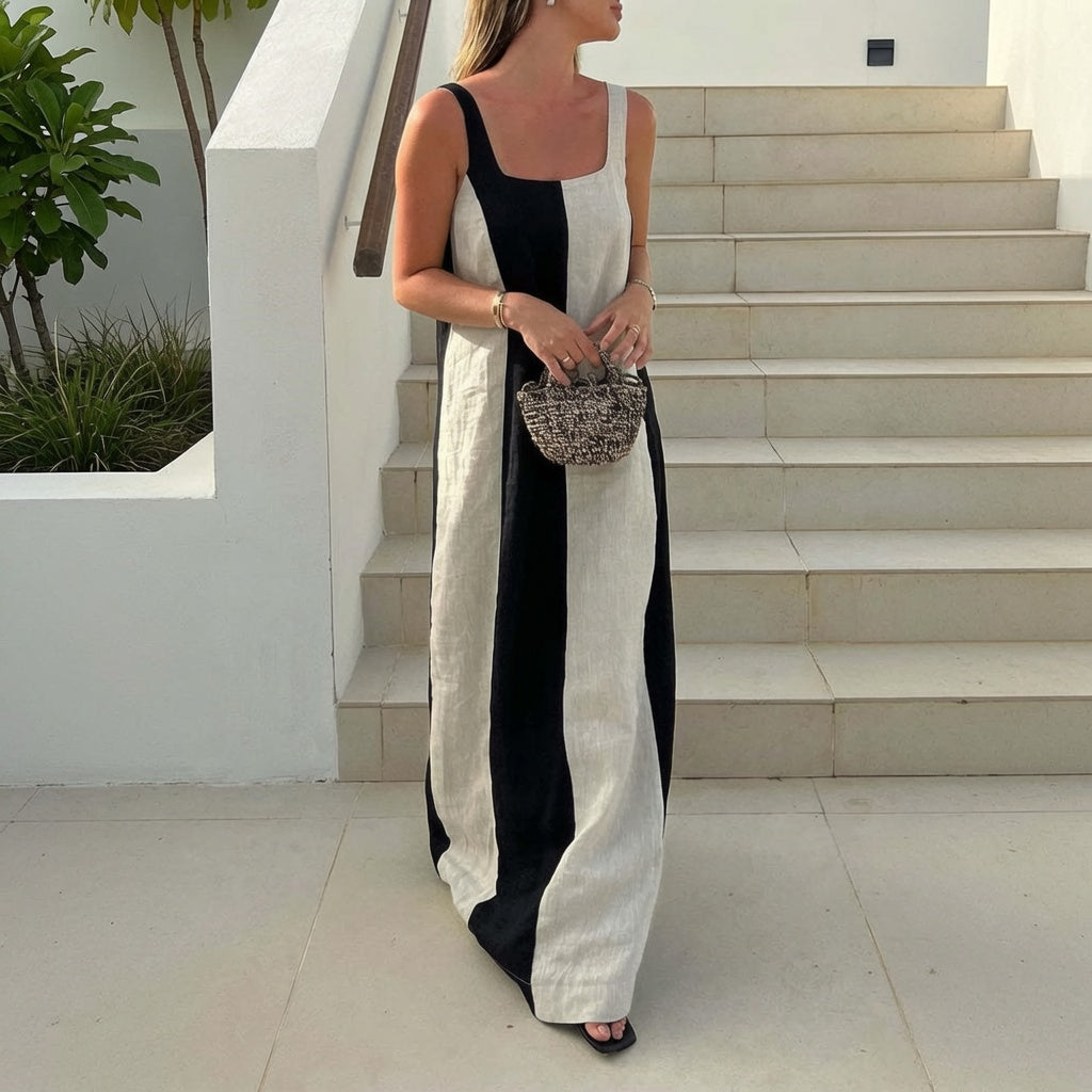 Long Cotton-Linen Color-Block Dress